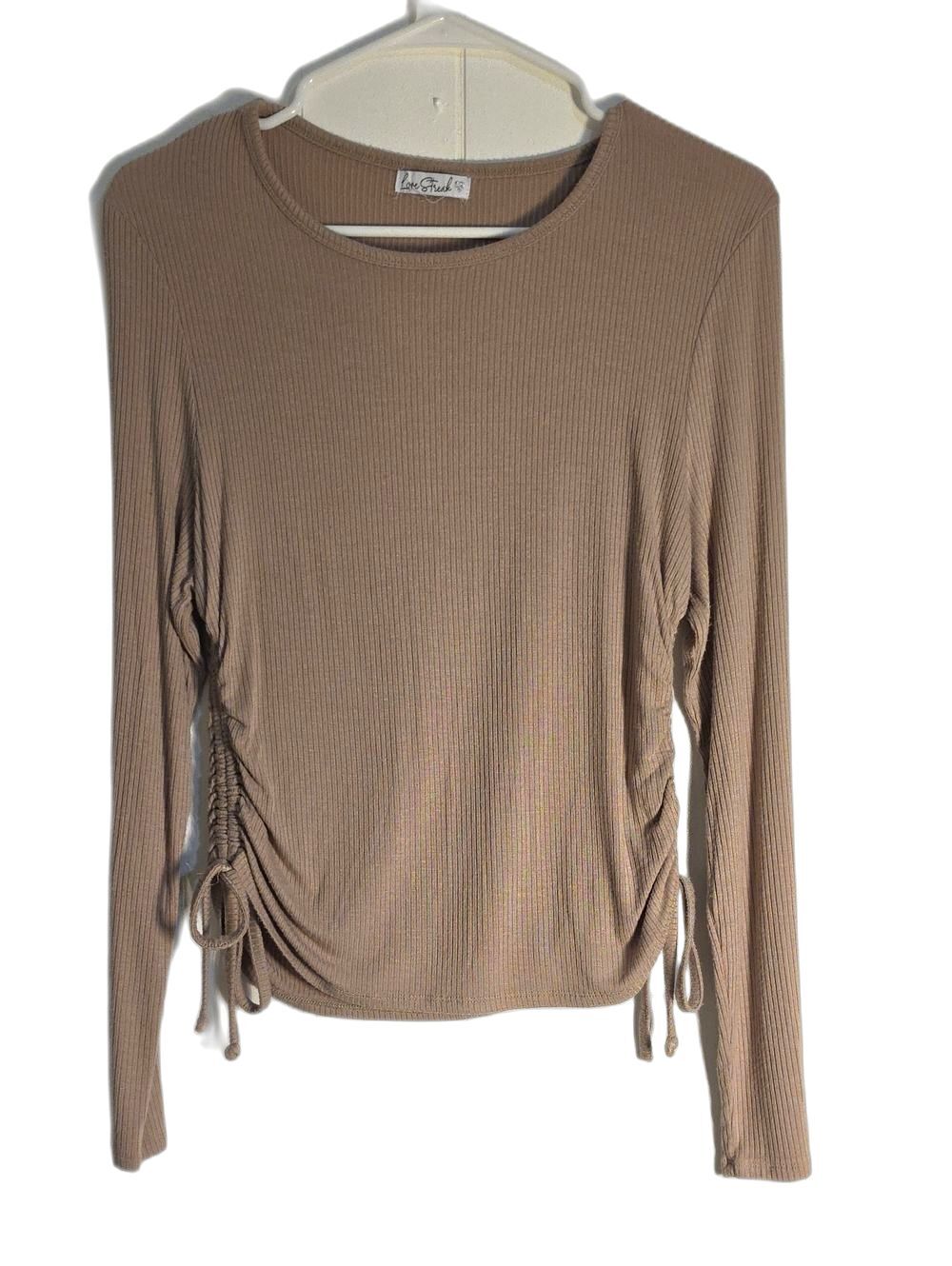 Love Steak Ribbed Long-Sleeve Side-Ruched Top - Taupe